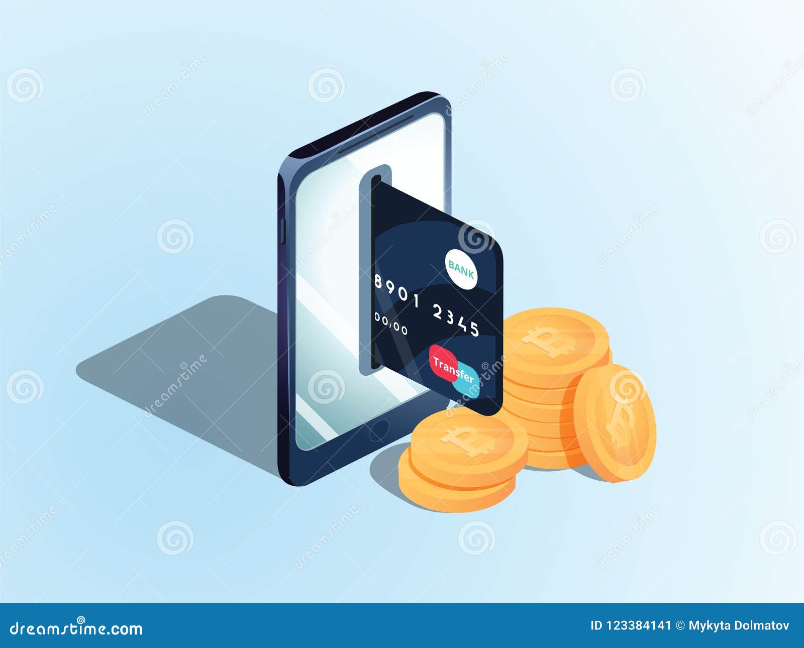 Flat Isometric Illustration Of Pile Of Bitcoins The Phone With A - 